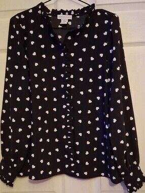 Cupcake And Cashmere Black Heart Print Ruffle Front Blouse
